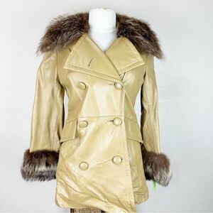 1970s Vntg Leather Double Breasted Raccoon Fur Trim Penny Lane Coat Jacket Mob